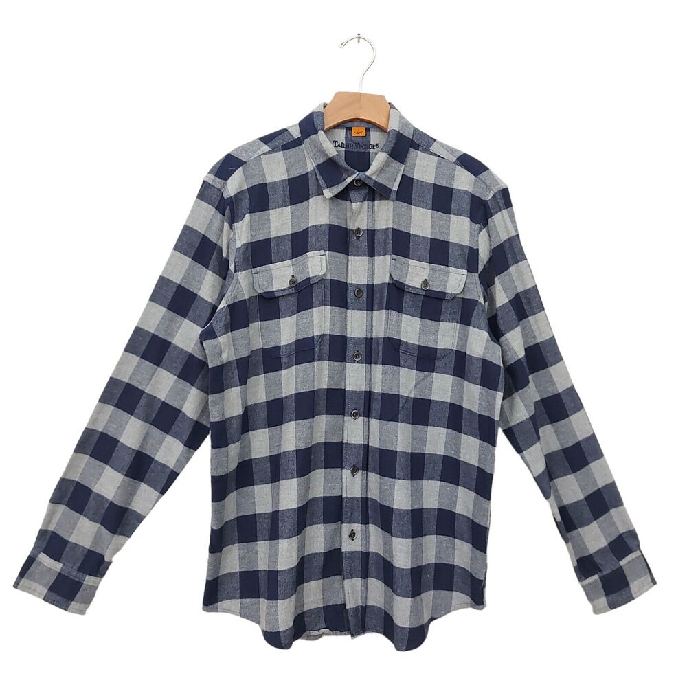 Tailor Vintage Mens Large Blue Flannel Shirt Plaid Stretch Long Sleeve Casual